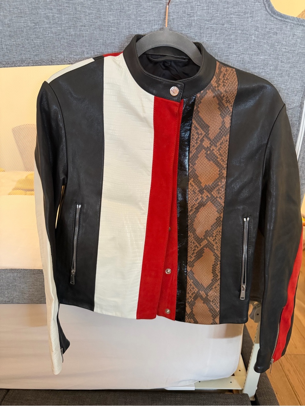 Belstaff Black White Red Brown Panel Leather Bomber Jacket